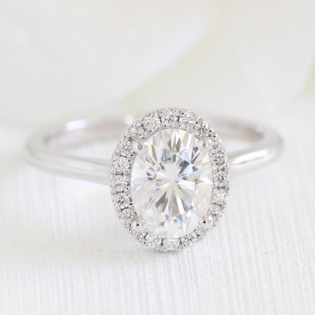 Oval Cut Halo Moissanite Ring With Scalloped Diamond Band Ring
