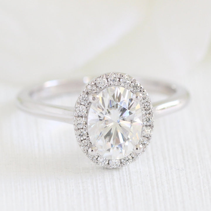 Oval Cut Halo Moissanite Ring With Scalloped Diamond Band Ring