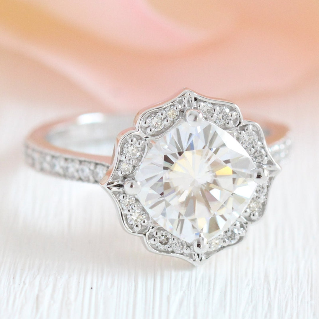 Vintage Floral Cushion Cut Bridal Set With Moissanite Milgrain Band