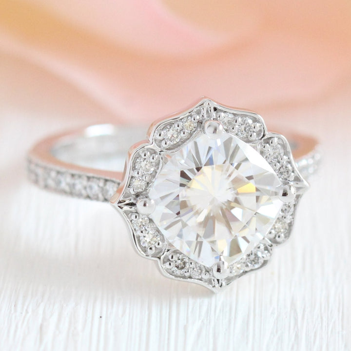 Vintage Floral Cushion Cut Bridal Set With Moissanite Milgrain Band
