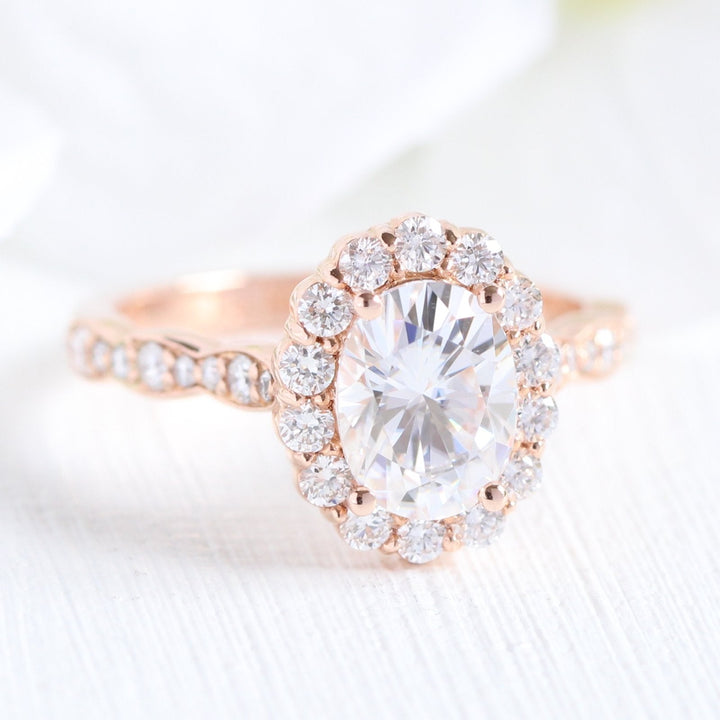 1.50ct Oval Cut Moissanite Halo Engagement Ring with Matching Wedding Band