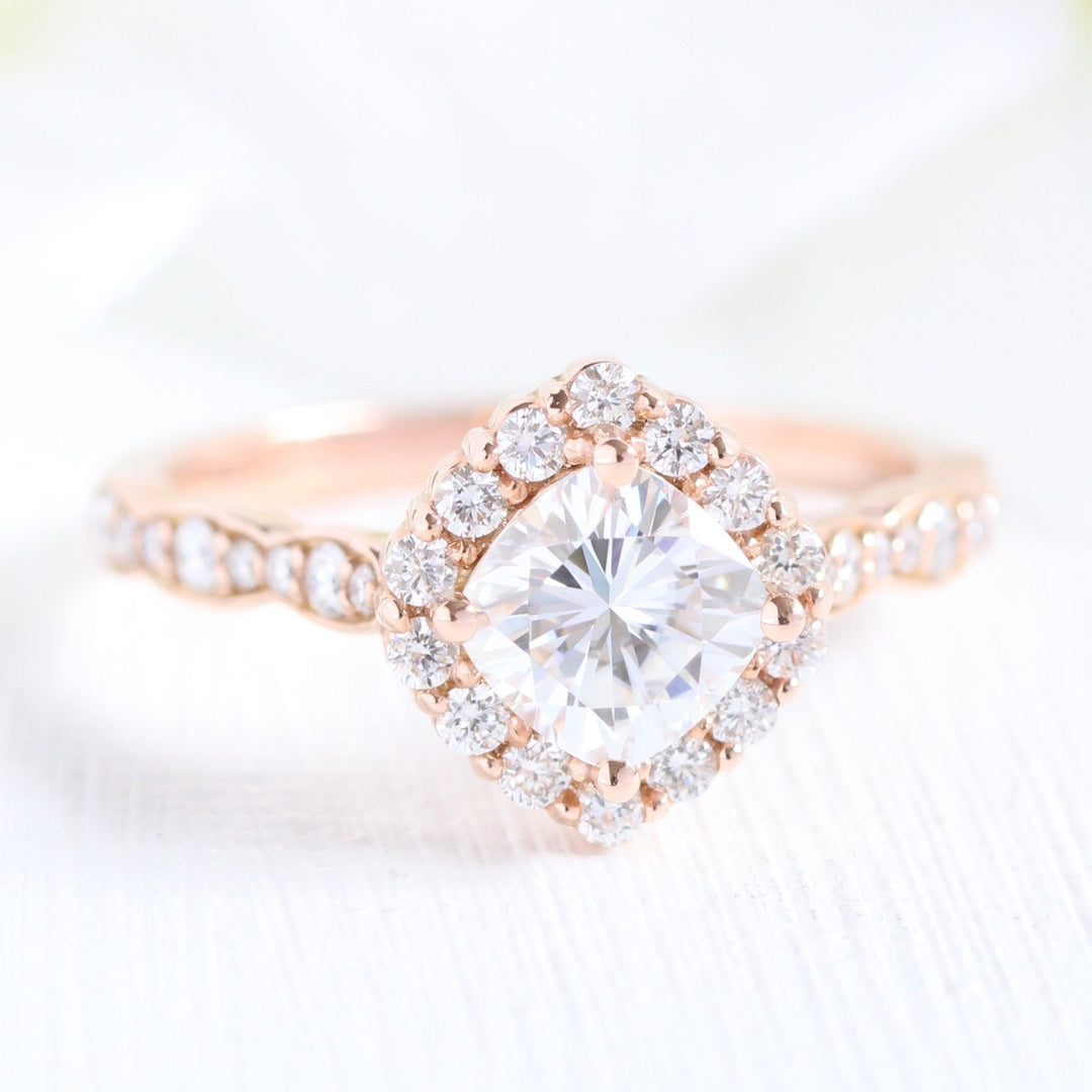 Cushion cut moissanite with halo bridal band set 14k in rose gold