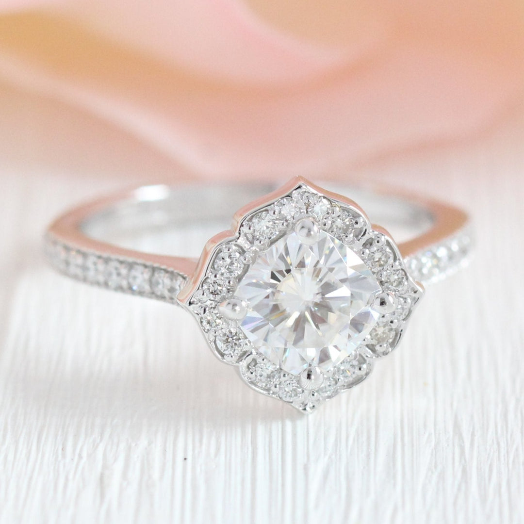 Mini Vintage Floral Inspired Cushion Moissanite Ring With Milgrain Diamond Band