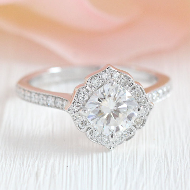 Mini Vintage Floral Inspired Cushion Moissanite Ring With Milgrain Diamond Band