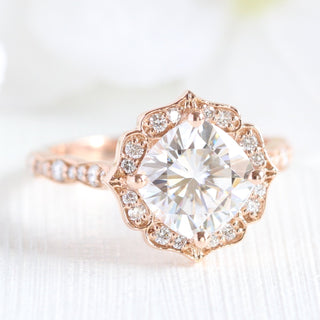 Round Floral moissanite with bridal band set 14k in rose gold