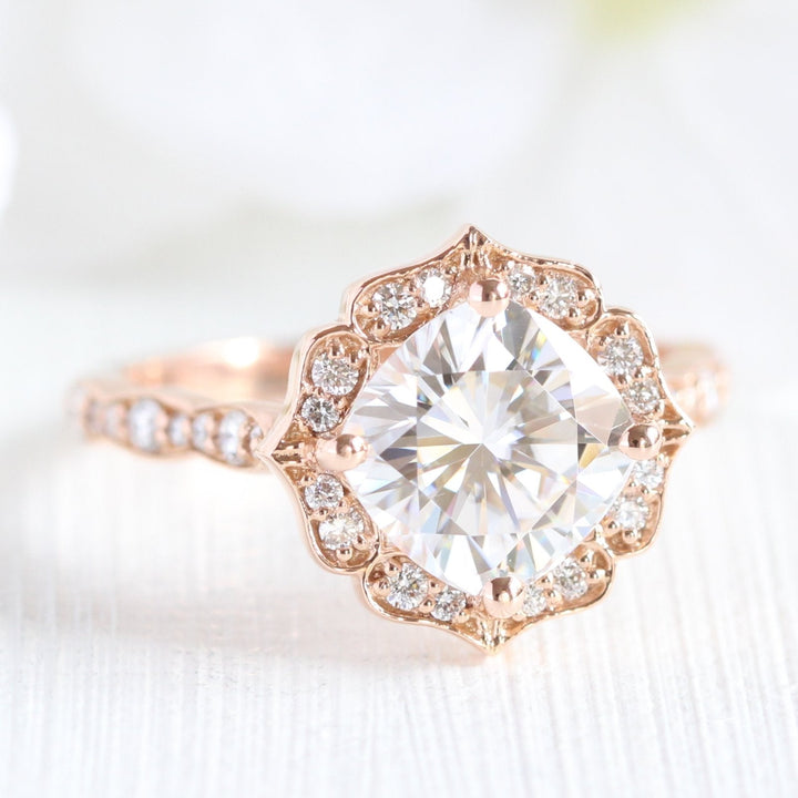 Round Floral moissanite with bridal band set 14k in rose gold