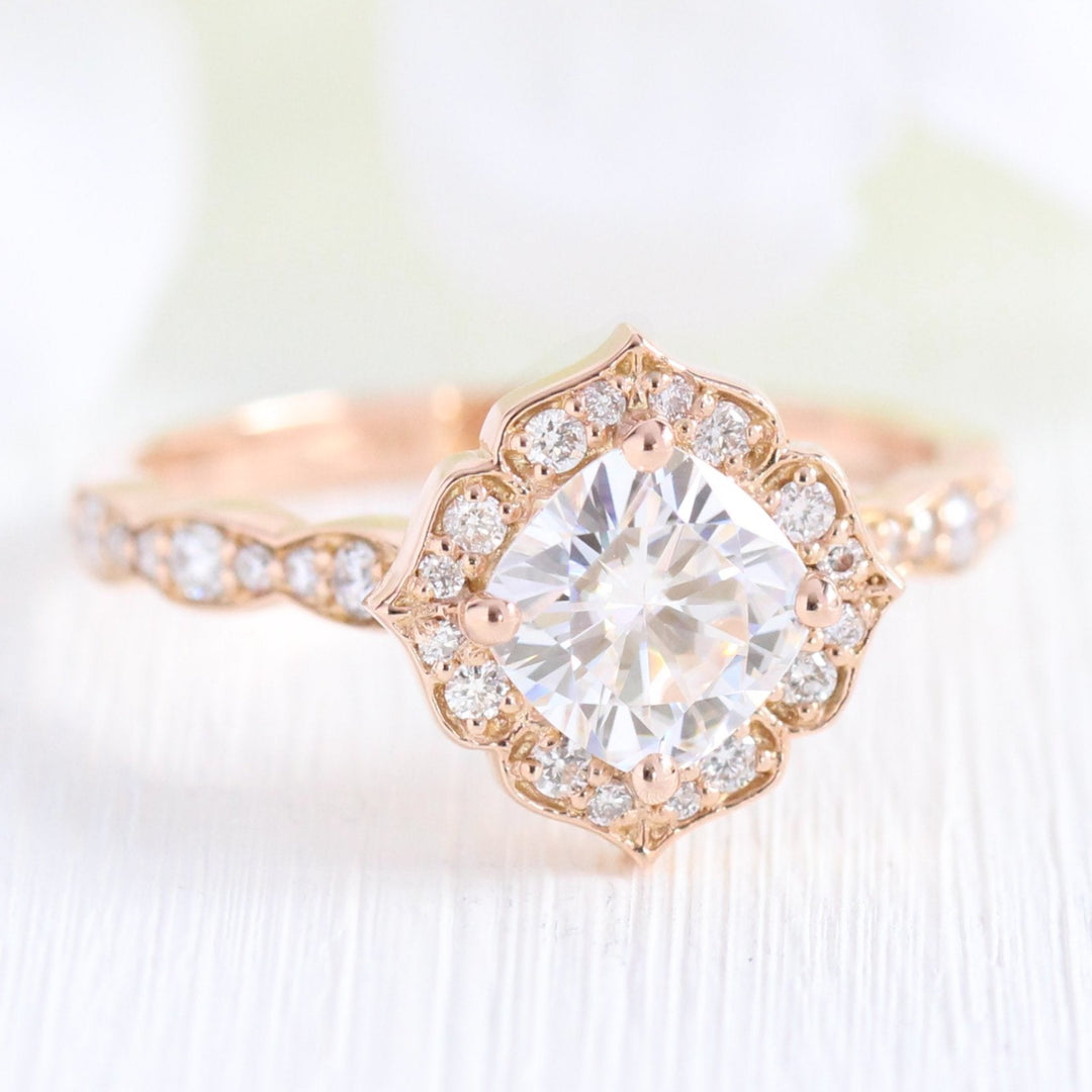 Cushion cut moissanite with bridal band set 14k in rose gold