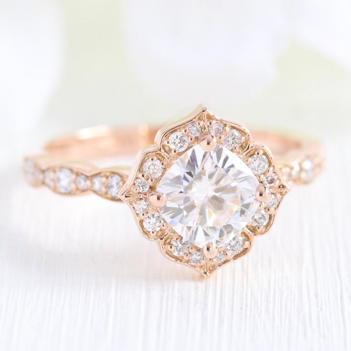 Cushion cut moissanite with bridal band set 14k in rose gold