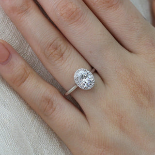 Oval Cut Halo Moissanite Ring With Scalloped Diamond Band Ring
