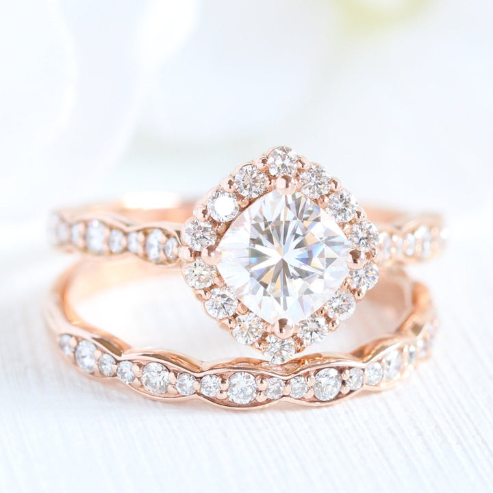 Cushion Cut Moissanite Ring With Halo Diamond Band