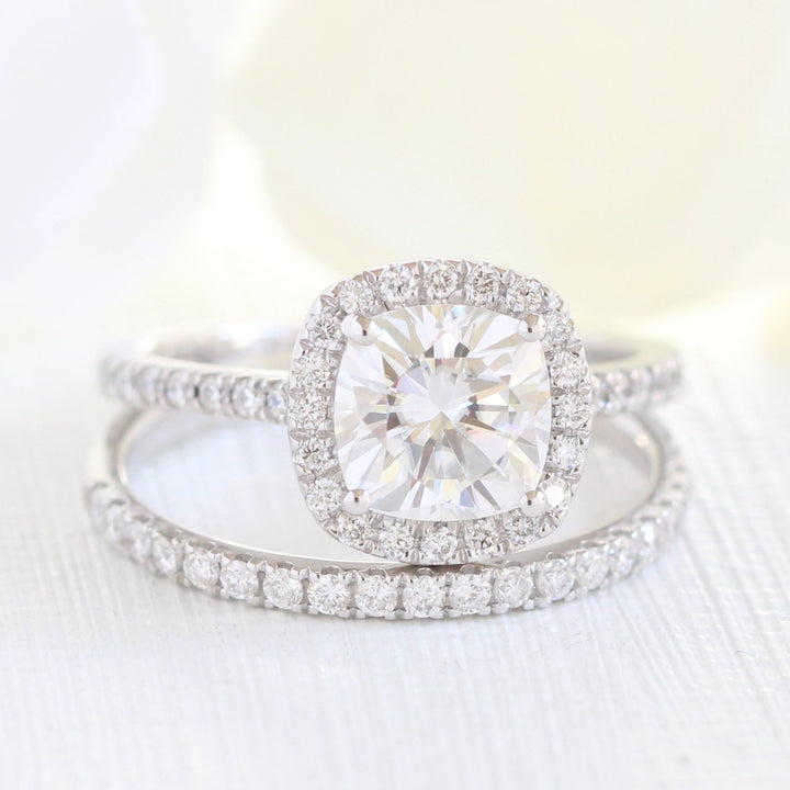 Cushion Cut Halo Pave Moissanite Ring With Diamond Band Ring