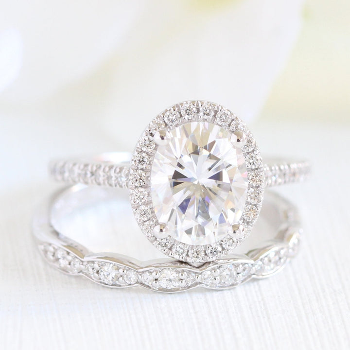 Oval Halo Pave Moissanite Ring With Scalloped Diamond Band