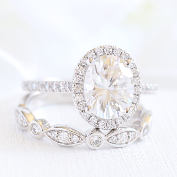 2.0ct Oval Cut Moissanite Halo Engagement Ring With Unique Wedding Band