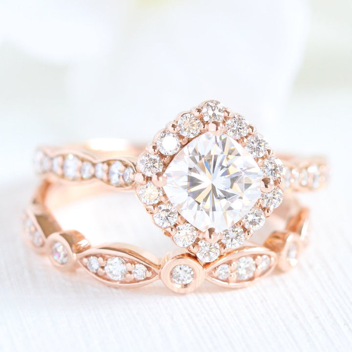Cushion cut moissanite with halo bridal band set 14k in rose gold