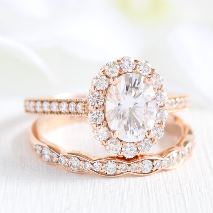 1.50ct Oval Cut Moissanite Halo Ring With Unique Matching Wedding Band