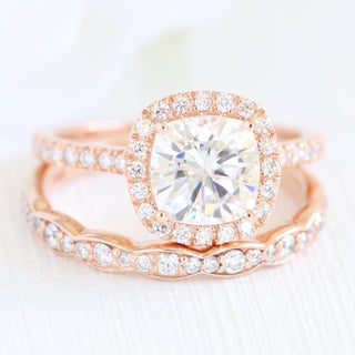 Cushion Cut Halo Pave Ring With Scalloped Diamond Band