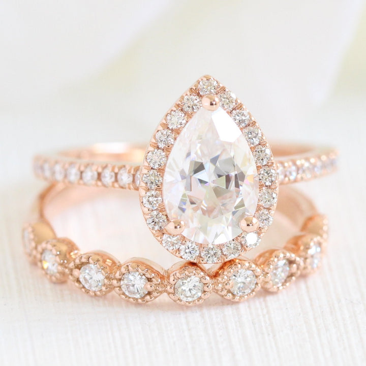 Pear Halo Pave Moissanite Ring With Milgrain Band Ring