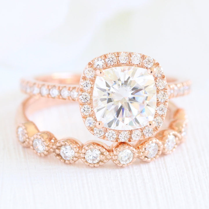Cushion cut moissanite with halo bridal band set 14k in rose gold
