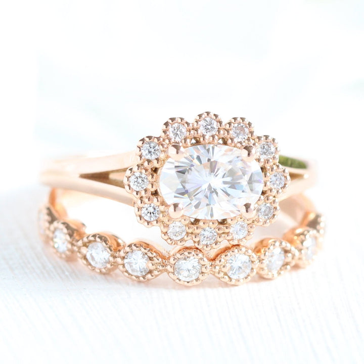 1.0ct Oval East-West Halo Engagement Ring With Bezel Wedding Band