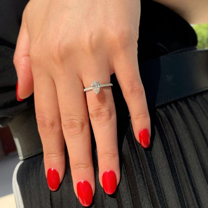 0.94CT Pear Cut Five Prongs Moissanite Pave Diamond Engagement Ring