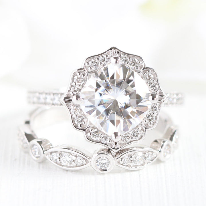 Vintage Floral Cushion Cut Bridal Set With Moissanite Milgrain Band