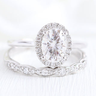 Oval Cut Halo Moissanite Ring With Scalloped Diamond Band Ring