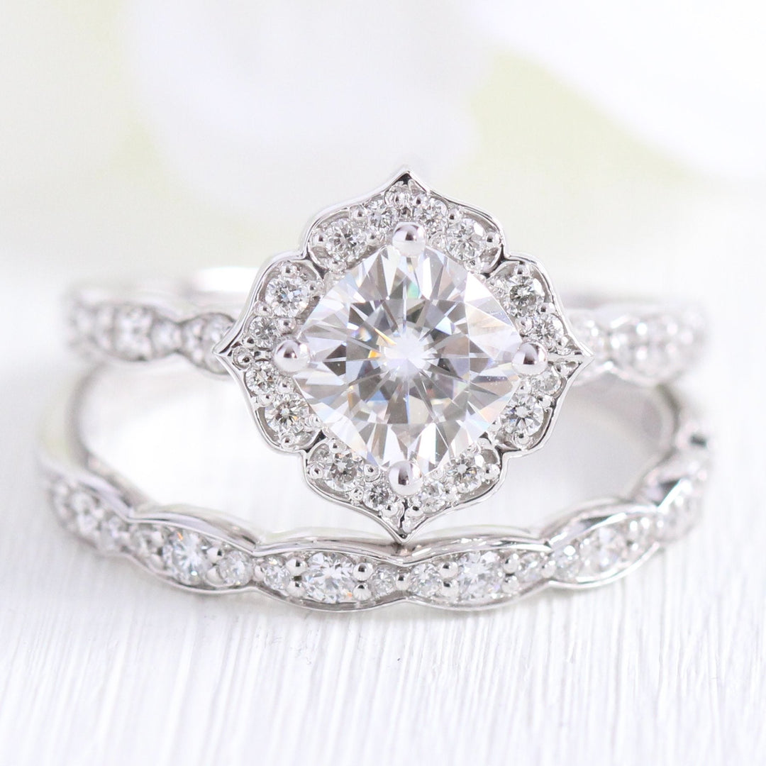 Cushion Cut Moissanite Ring With Diamond Band
