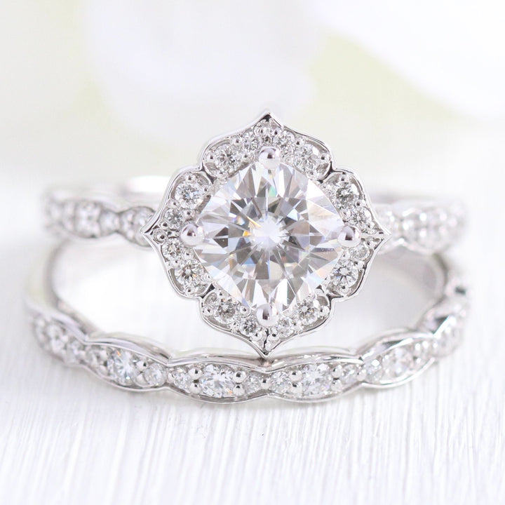 Cushion Cut Moissanite Ring With Diamond Band