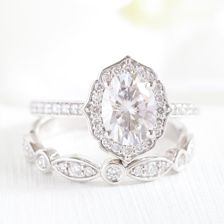Oval Cut Floral Moissanite Ring With Bezel Diamond Band Ring