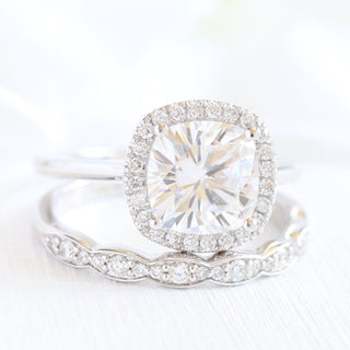Cushion Cut Moissanite Ring With Scalloped Diamond Band