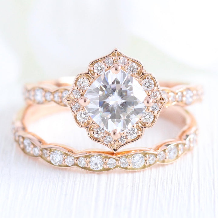 Cushion cut moissanite with bridal band set 14k in rose gold