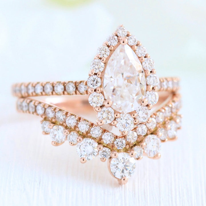 Tiara Halo Pave Bridal Set With Pear Moissanite and Tiara Diamond Band