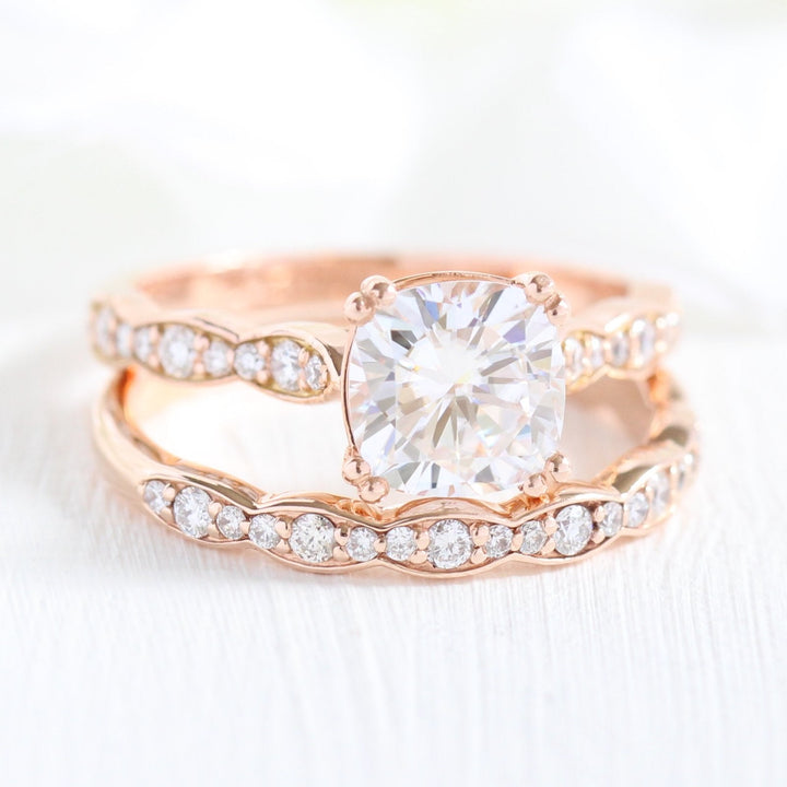 Cushion Cut Moissanite Ring With Halo Diamond Band