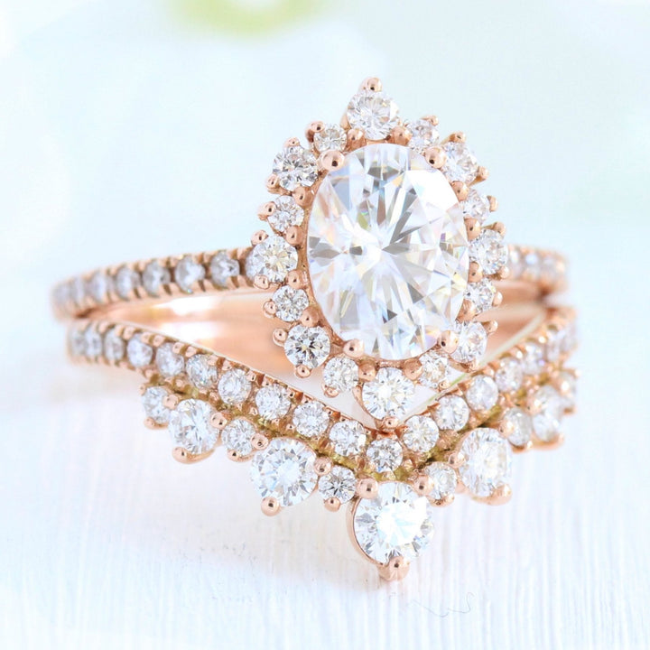 Tiara Halo Oval Ring Set in Pave Band With Tiara Diamond Wedding Band