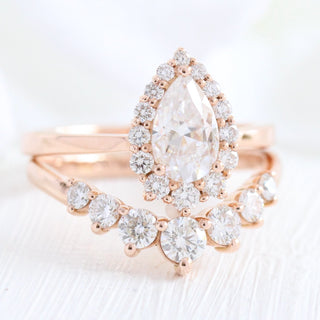 Pear cut moissanite with halo bridal band set 14k in rose gold