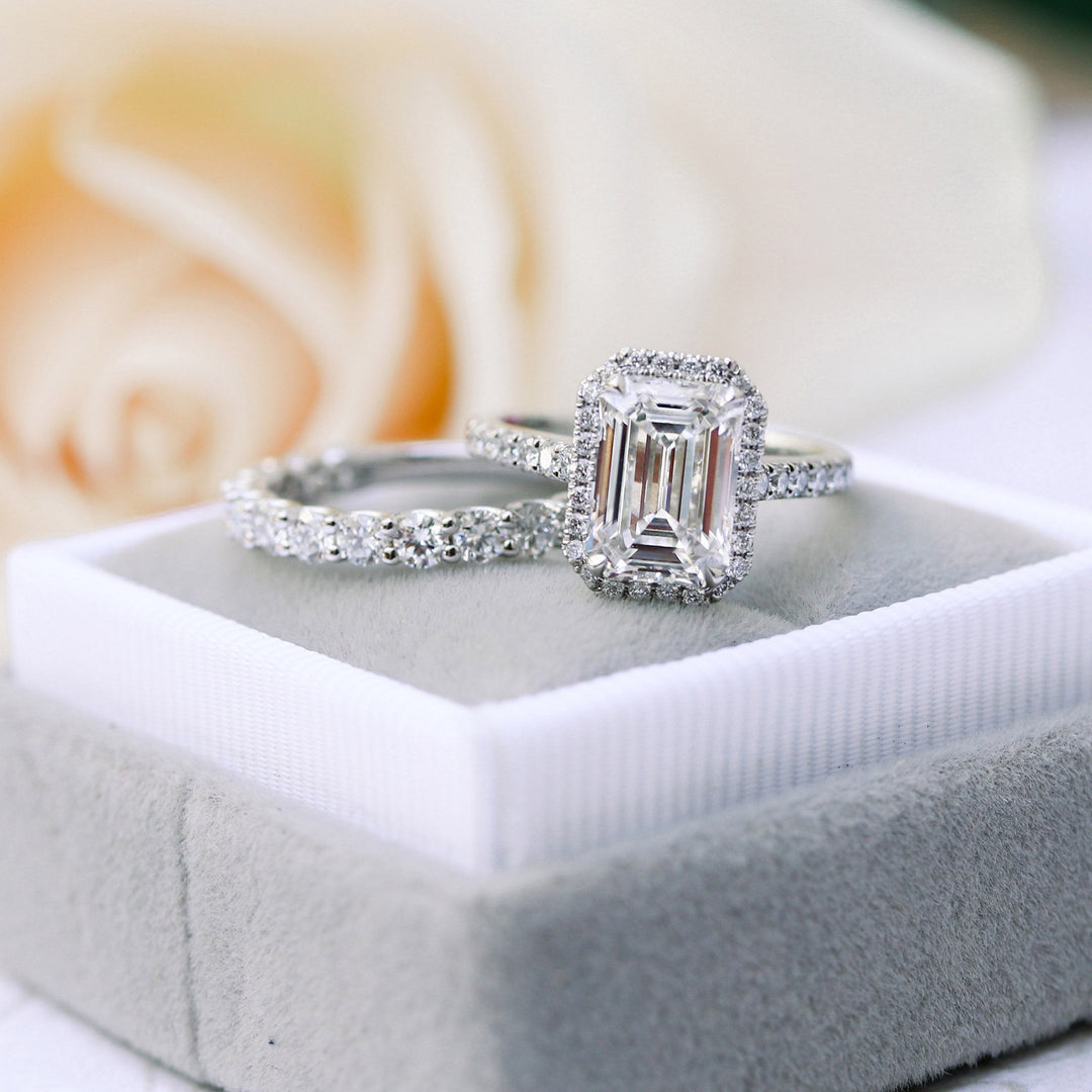 2.0CT Emerald Cut Moissanite Halo Pave Diamond Engagement Ring