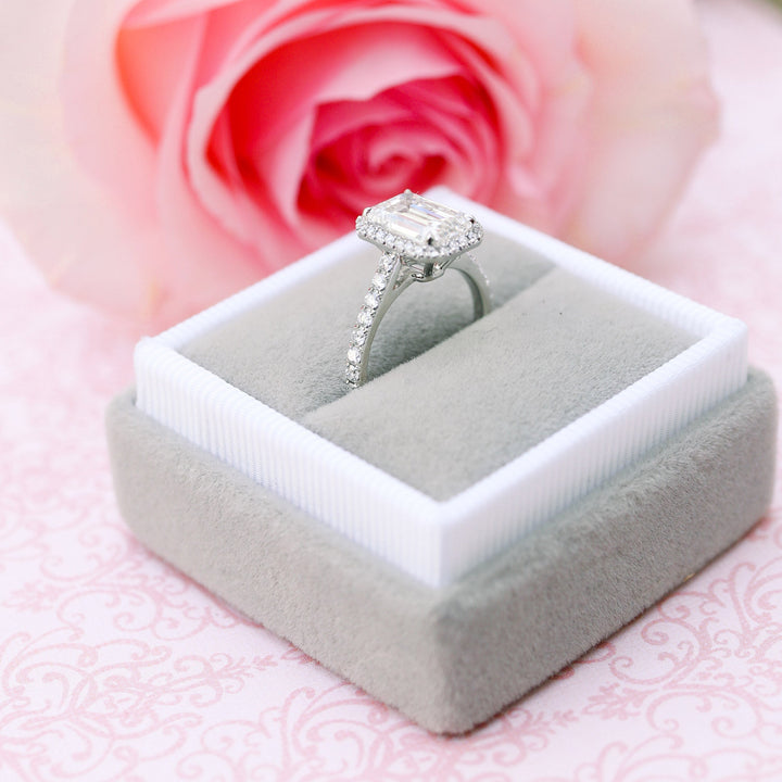 2.0CT Emerald Cut Moissanite Halo Pave Diamond Engagement Ring