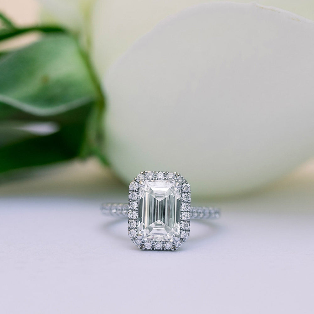 2.0CT Emerald Cut Moissanite Halo Pave Diamond Engagement Ring
