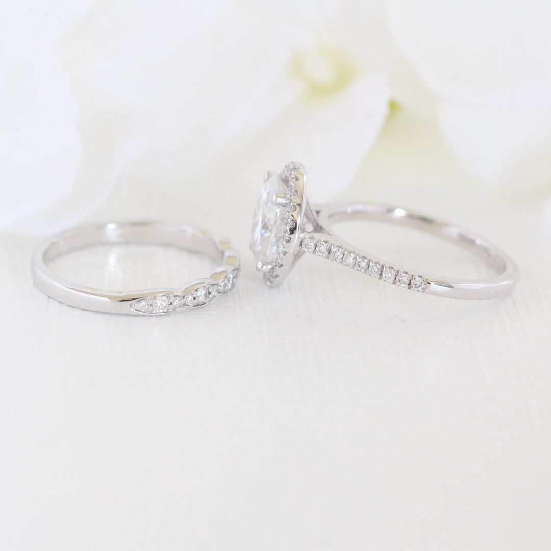 Oval Halo Pave Moissanite Ring With Scalloped Diamond Band