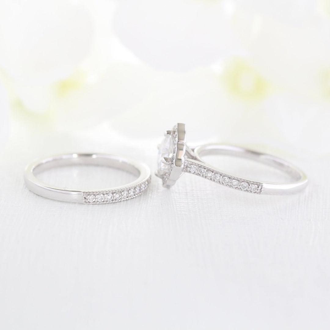 Mini Vintage Floral Inspired Cushion Moissanite Ring With Milgrain Diamond Band