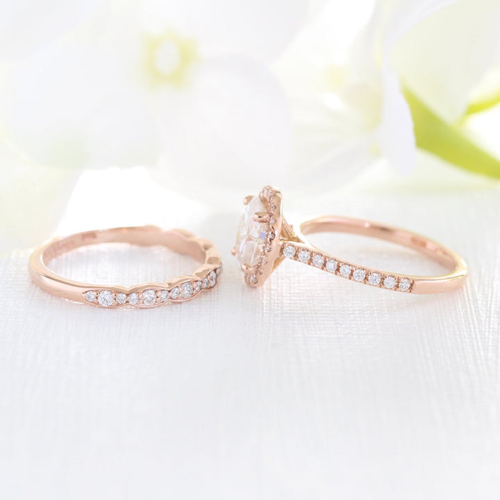 Oval Halo Pave Moissanite Ring With Scalloped Diamond Band