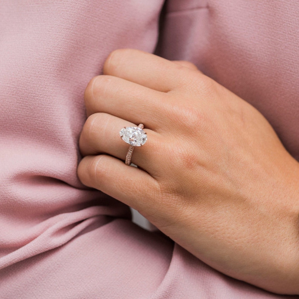 3.20CT Elongated Oval Cut Three Side Pave Moissanite Diamond Hidden Halo Engagement Ring