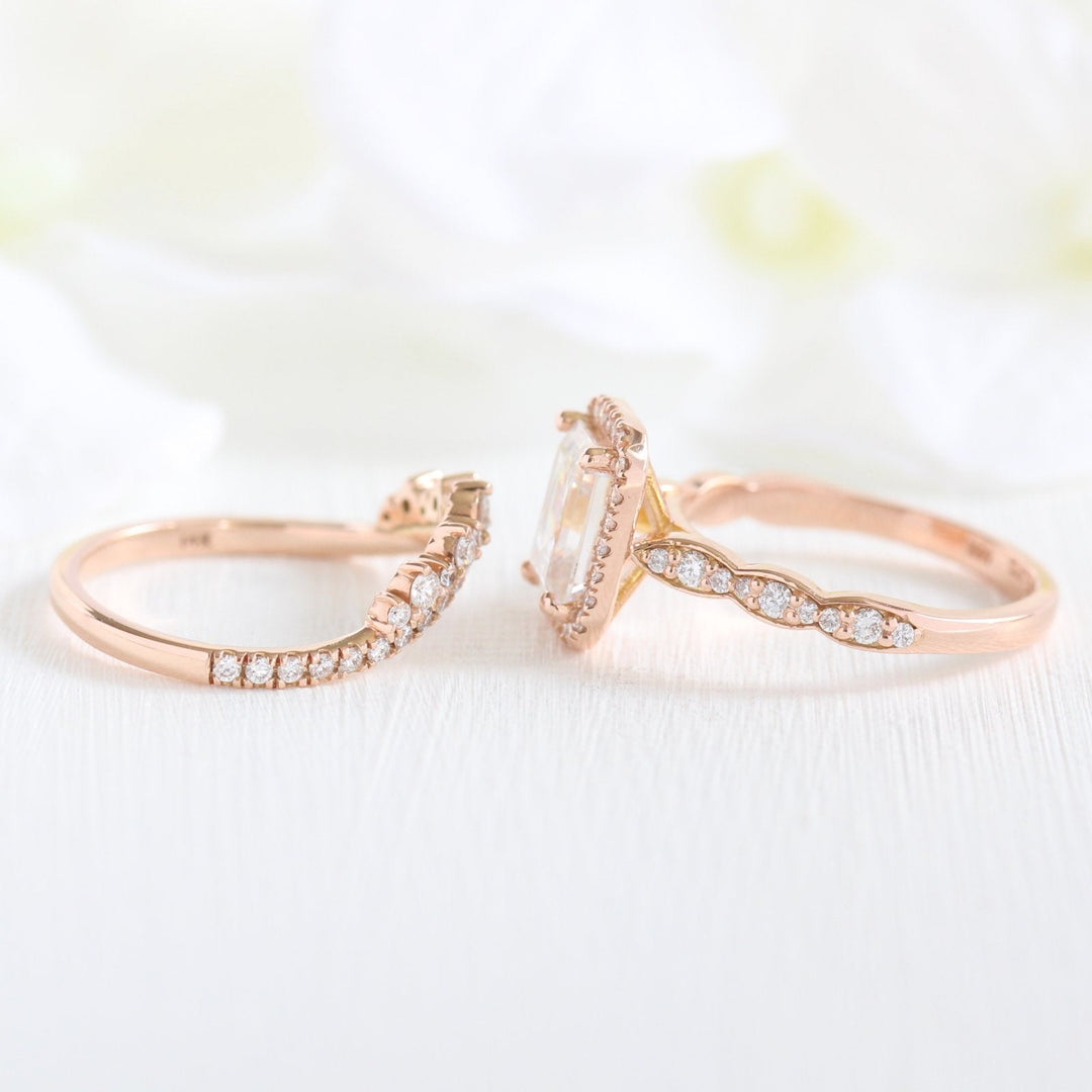 Emerald Cut Moissanite Ring With Crown Diamond Band Ring