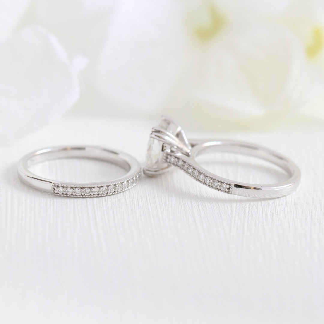 Solitaire Cushion Moissanite Ring With Milgrain Diamond Band