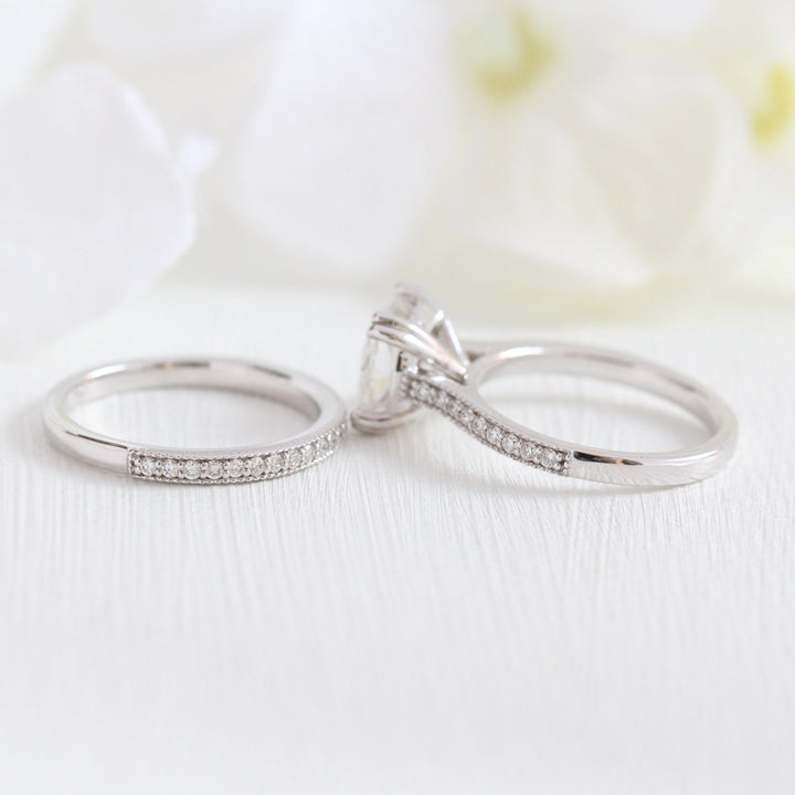 Solitaire Cushion Moissanite Ring With Milgrain Diamond Band