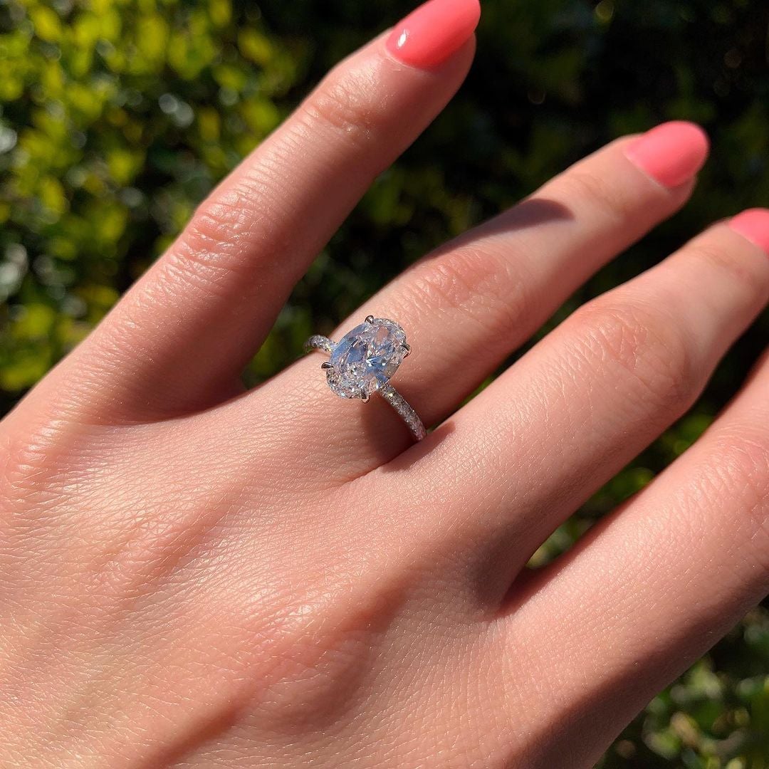 1.33CT Oval Cut Unique Prongs Pave Moissanite Diamond Engagement Ring