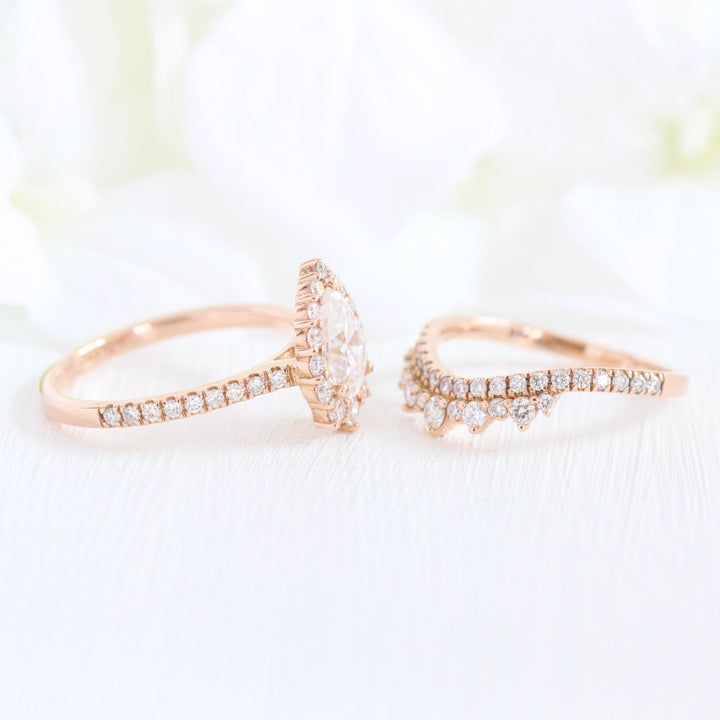 Pear cut moissanite with bridal band set 14k in rose gold