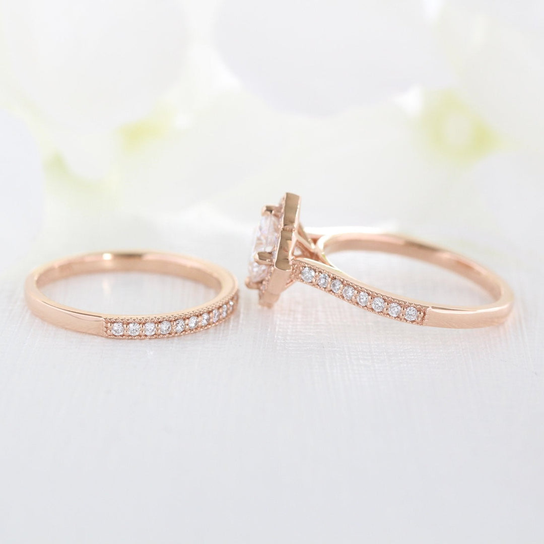 Cushion cut moissanite with bridal band set 14k in rose gold