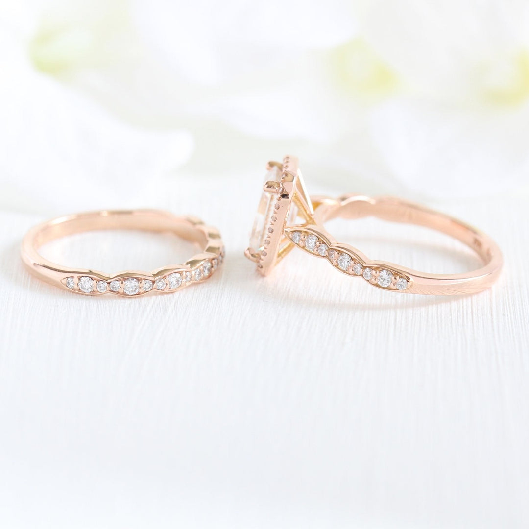 1.60ct Emerald Cut Moissanite Halo Engagement Ring with Match Wedding Band