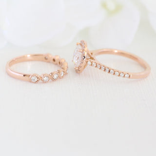 Cushion cut moissanite with halo bridal band set 14k in rose gold